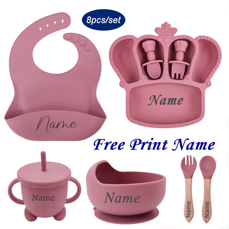 Baby Food Name - จานให้อาหารเด็กทารกพิมพ์ชื่อเฉพาะอุปกรณ์บนโต๊ะอาหารทำจากซิลิโคนช้อนทรงมงกุฎสำหรับเด็กของขวัญเด็กแรกเกิดภาชนะอาหารเย็นสำหรับเด็ก