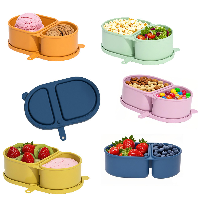 Snack Container Travel - กล่องซอสซิลิโคนพับได้ 2 ช่อง พร้อมฝาปิดกันรั่ว สำหรับใส่สลัด น้ำสลัด